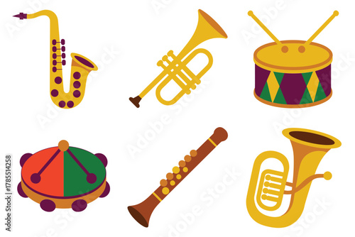 Detailed flat illustration set for carnival festival music, featuring saxophone, trumpet, drum, and tuba symbols.