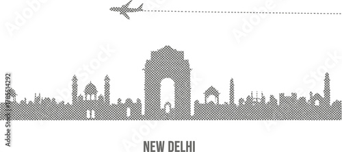 New Delhi Skyline Silhouette with Airplane