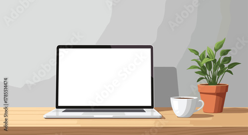 Modern workspace scene with a laptop, coffee, and plant creating a calm and productive atmosphere for a focused and creative workday ahead