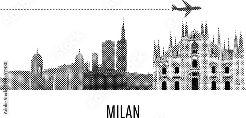 Milan Cityscape Silhouette with Airplane and Halftone Effect