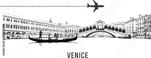 Venice Cityscape with Gondola and Airplane, Travel Concept