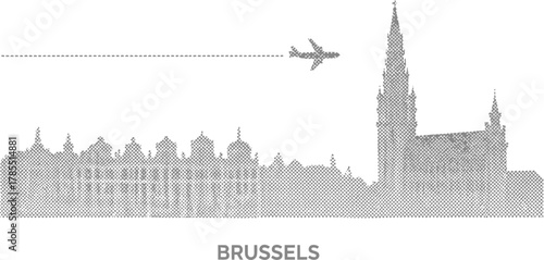Brussels Skyline with Airplane and Dashed Line