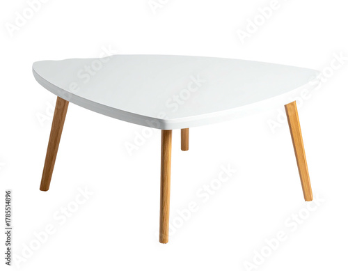 A modern, minimalist coffee table with a triangular white top and wooden legs