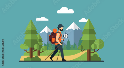 Adventure awaits with a hiker trekking through scenic mountain trails, ideal for travel blogs, outdoor gear ads, and nature-themed campaigns