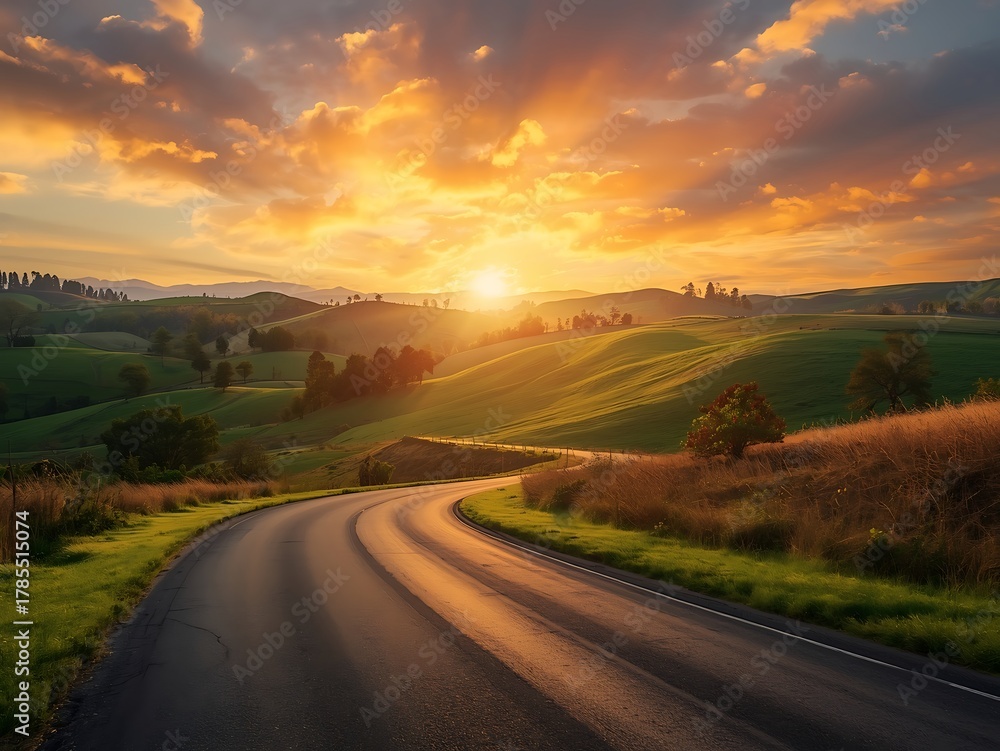 Fototapeta premium Winding country road at sunset with golden sky over rolling hills