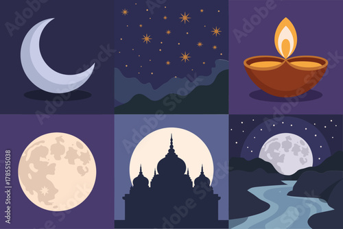 Flat illustration set for Hindu night ritual, featuring moon, temple, river, and oil lamp.