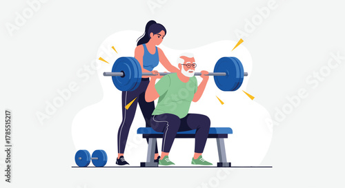 Senior man working out with barbell and personal trainer, embracing active lifestyle and fitness goals for a healthier future now