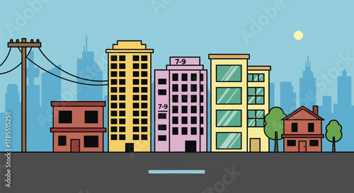 Colorful city skyline with buildings, houses, and a bright sun setting