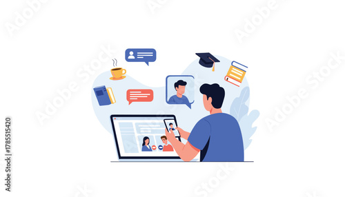 Dynamic student connecting online with classmates and professors for modern virtual learning and education, a new way to study together now