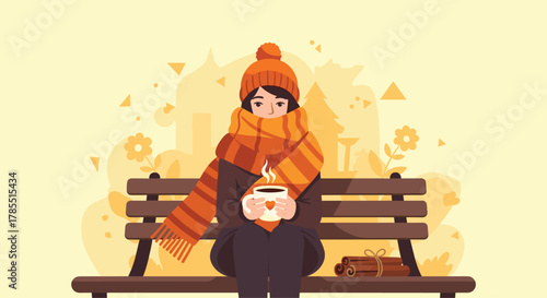 Cozy autumn scene with a woman enjoying a warm drink on a park bench wrapped in a scarf and hat, perfect for seasonal campaigns