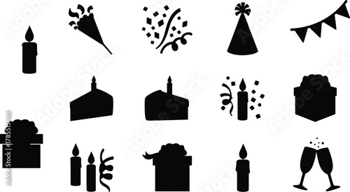 Birthday celebration silhouette, party icons, cake slice vector, gift box clipart, candle illustration, confetti symbols, festive decorations, black graphic set