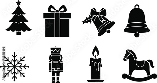 Christmas icon set, black silhouette clipart, festive tree, gift box, bell, snowflake, candle, nutcracker, rocking horse vector
