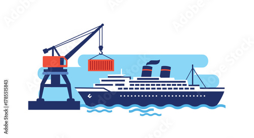 Modern cargo ship being loaded by crane in vibrant blue and red, ideal for shipping, logistics, or international trade marketing campaigns