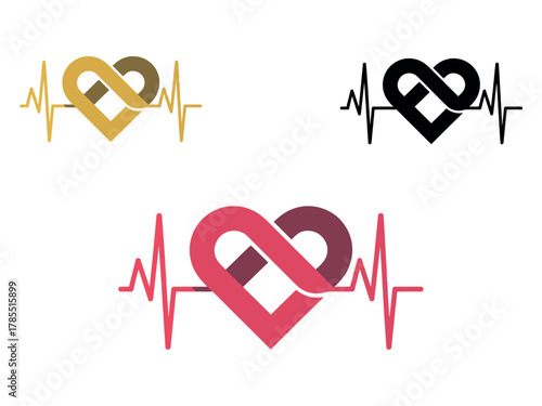 Three stylized heart and infinity symbols integrated with electrocardiogram lines in different colors.