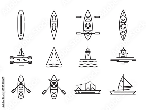 Kayak line art paddling through rivers