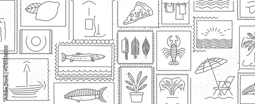 Charming doodle pattern with summer vacation themes and gourmet food icons, ideal for culinary arts, travel blogs, or playful designs with a lighthearted touch
