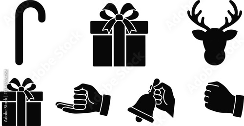 Christmas silhouette icons, holiday clipart, candy cane vector, gift box illustration, reindeer graphic, festive hand gestures, black celebration symbols