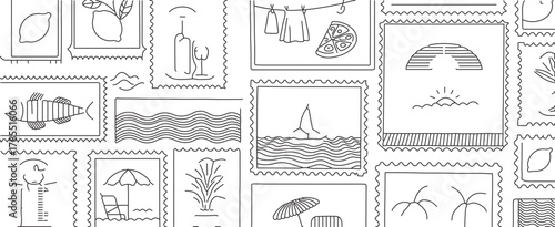 Charming vacation themed stamps pattern evokes summer fun perfect for travel blog, scrapbooking, or postcards with beach, sunshine, and relaxed vibes