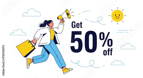 Excited shopper announces half-price sale with megaphone and shopping bag