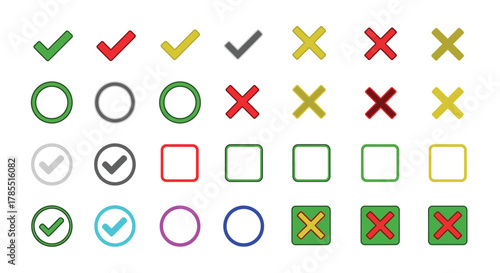 Tick boxes and crosses for web forms or surveys in green and red shades