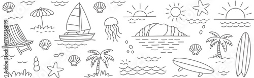 Dreamy beach getaway line art featuring sailboat, palm trees, seashells, and surfboards, perfect for summer vacation vibes and creative projects