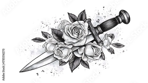 Fototapeta Naklejka Na Ścianę i Meble -  A black-and-white sketch of a traditional dagger tattoo, with roses wrapping around the blade.