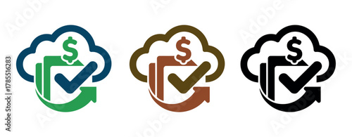 Cloud-based financial management with a checkmark and dollar sign symbolizes secure and efficient transactions.