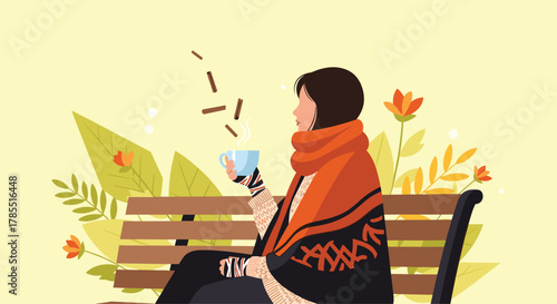 Cozy afternoon break sipping warm tea on a park bench surrounded by autumn flowers and leaves - embrace the tranquility and enjoy simple pleasures