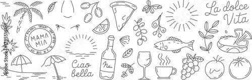 Celebrate Italian culture with charming hand-drawn elements perfect for travel posters, restaurant menus, and vibrant lifestyle designs invoking La dolce Vita