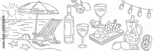 Elegant beach picnic scene with wine, cheese, and lemonade under a sunny sky, perfect for summer promotions and lifestyle content, originally a scalable graphic