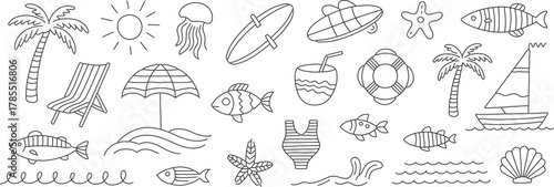 Delightful summer vacation doodles featuring palm trees, beach chairs, surfboards, and sea creatures, perfect for adding playful beach vibes to any design