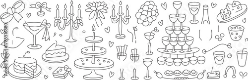 Elegant hand-drawn wedding celebration elements for invitations and decorations, perfect for creating a romantic, festive, and memorable ambiance