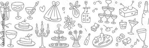 Celebration doodles for joyful designs: champagne tower, gifts, flowers and sweet treats create a festive atmosphere, perfect for party invites and decor