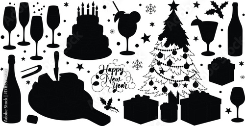 Holiday celebration silhouette, New Year icons, Christmas party clipart, festive food vector, champagne glasses, gift boxes, winter decorations, black symbols