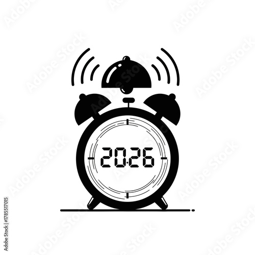 Illustration of a ringing alarm clock displaying the year 2026 in a digital style format design
