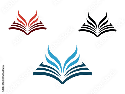 Three stylized open books with flame-like pages in red, black, and blue against a white background.
