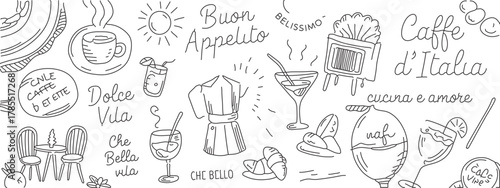 Italian cafe doodle art featuring coffee, cocktails, and food illustrations for menu design, food blogs, and restaurant promotions with a modern touch