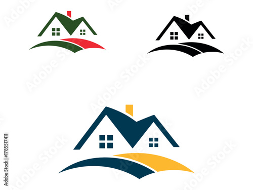 Three abstract logos featuring stylized houses and rolling hills, representing real estate or home ownership concepts.
