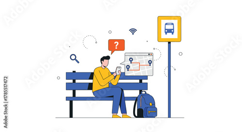 Lost passenger using phone at bus stop with map location question, ideal for travel apps, transport systems, and navigation technology
