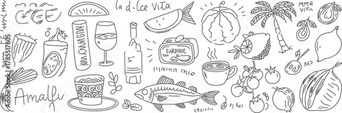 Hand-Drawn Mediterranean Summer Sketch: A vibrant collection of seafood, fruit, and Italian imagery capturing the essence of coastal living and culinary delights