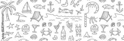 Delightful beach vacation seamless pattern for summer fun, perfect for textiles, wallpapers, and prints. Hand-drawn style conjures sunny days and relaxation.