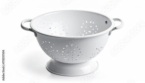 White enamel colander with holes, on white backdrop