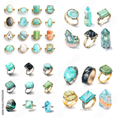 Elegant gemstone ring illustration set featuring natural crystal stones in vibrant blue, green, and orange tones with artistic watercolor textures.