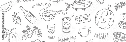 Charming Amalfi Coast Italian Summer Doodle Pattern with Food and Phrases for a Taste of La Dolce Vita, Perfect for Travel and Foodie Designs