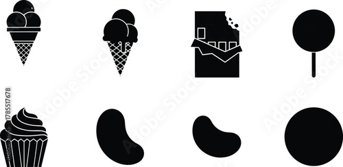 Sweet candy silhouette, ice cream icons, chocolate bar vector, jelly bean clipart, cupcake illustration, black dessert symbols, lollipop graphic, treat design