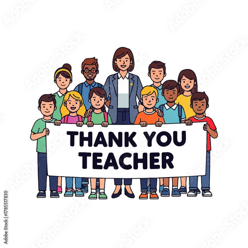 Group of diverse students and teacher holding a "Thank You Teacher" banner.
