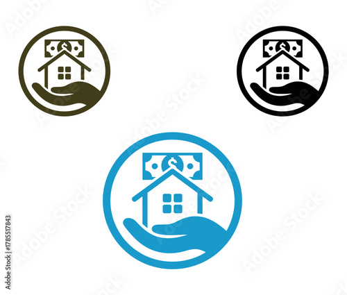 House with dollar bill on roof held by a hand inside a circle, representing real estate investment or home ownership.