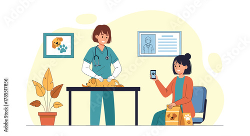 Adorable puppy getting checked up at the vet, while its owner captures the moment and takes home some food for their furry friend's well-being