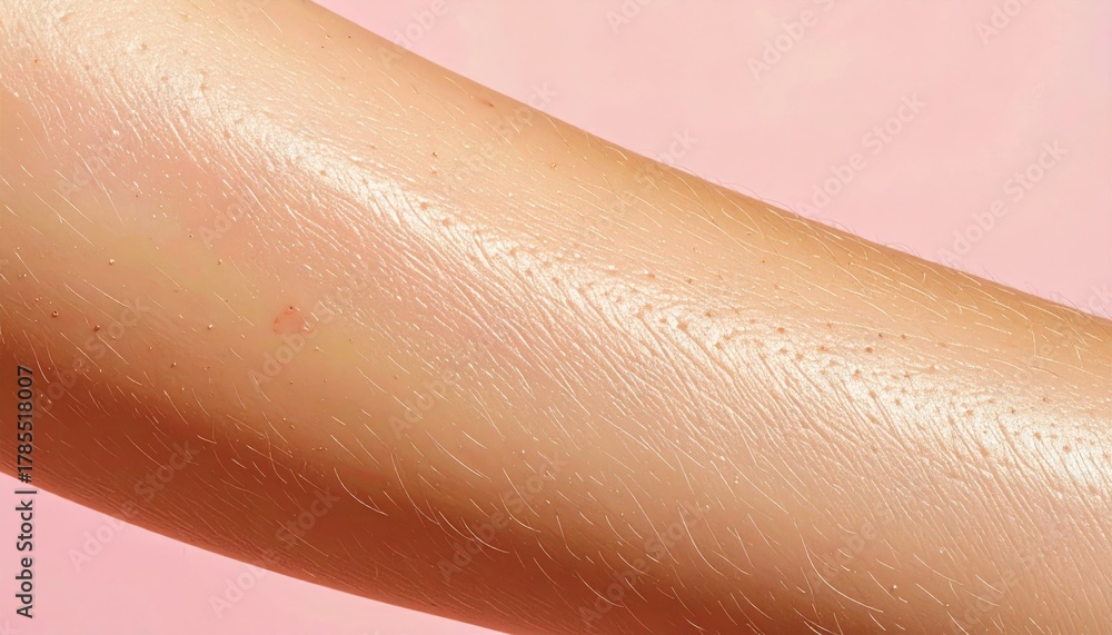 Fototapeta premium Close-up of a person's arm with a shiny, smooth surface and visible hair follicles against a soft pink background