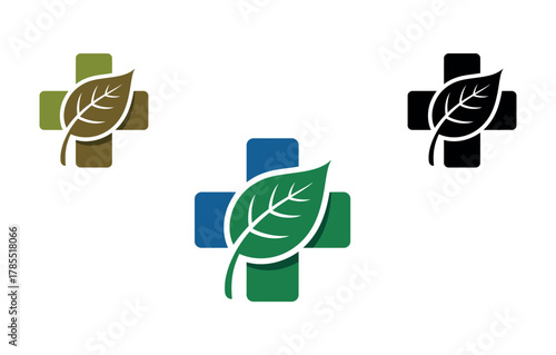 Three medical cross icons with a leaf superimposed, representing healthcare and nature